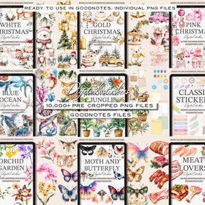 Puede incluir: Un conjunto de calcoman&iacute;as digitales para Goodnotes, con varios temas como Navidad blanca, Navidad dorada, Navidad rosa, Oc&eacute;ano azul, Selva, Calcoman&iacute;as cl&aacute;sicas, Jard&iacute;n de orqu&iacute;deas, Polilla y mariposa, y Amantes de la carne. Cada conjunto incluye m&aacute;s de 10.000 archivos PNG precortados.