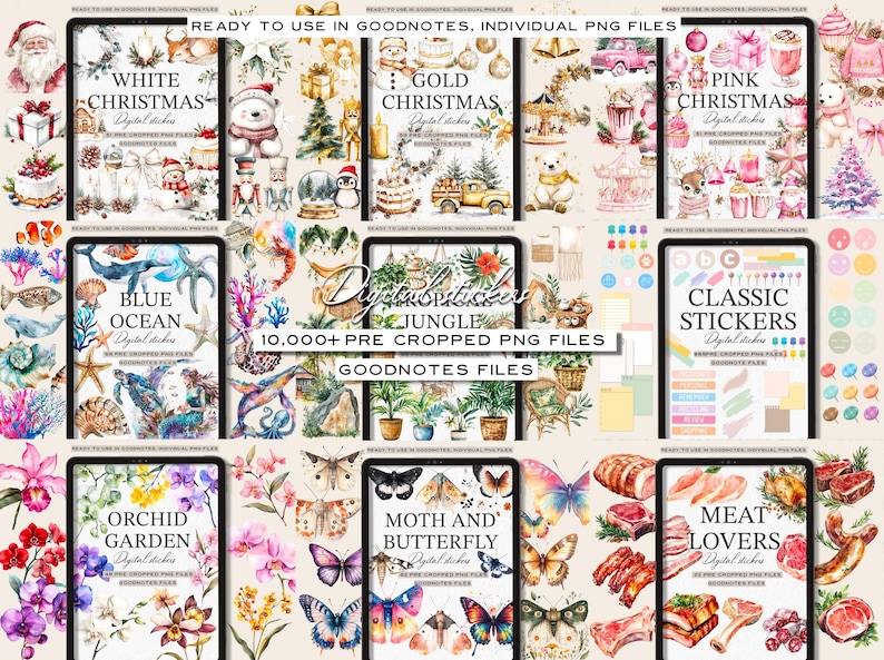 Puede incluir: Un conjunto de calcoman&iacute;as digitales para Goodnotes, con varios temas como Navidad blanca, Navidad dorada, Navidad rosa, Oc&eacute;ano azul, Selva, Calcoman&iacute;as cl&aacute;sicas, Jard&iacute;n de orqu&iacute;deas, Polilla y mariposa, y Amantes de la carne. Cada conjunto incluye m&aacute;s de 10.000 archivos PNG precortados.