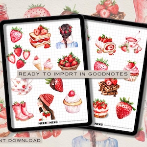 Puede incluir: Pegatinas digitales para planificador con fresas, pasteles y otras golosinas dulces. Las pegatinas est&aacute;n dise&ntilde;adas para ser usadas en la aplicaci&oacute;n Goodnotes. Las pegatinas son de varios colores, incluyendo rojo, rosa y blanco.