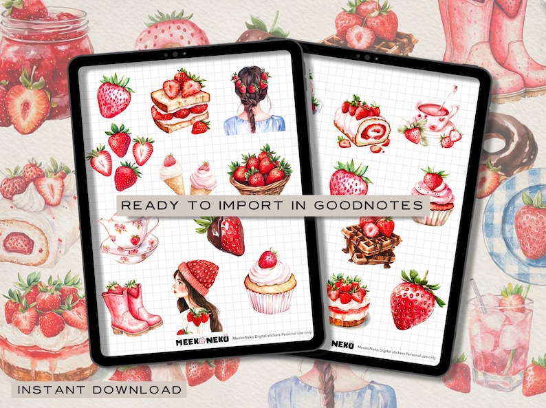 Puede incluir: Pegatinas digitales para planificador con fresas, pasteles y otras golosinas dulces. Las pegatinas est&aacute;n dise&ntilde;adas para ser usadas en la aplicaci&oacute;n Goodnotes. Las pegatinas son de varios colores, incluyendo rojo, rosa y blanco.