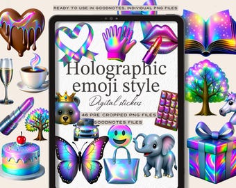 Apple Emoji Holographic Digital Planner Stickers: Goodnotes, Notability PNGs