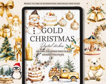 Gold Christmas Digital Planner Stickers: Boho Greenery PNGs Goodnotes, Notability, OneNote, Penly