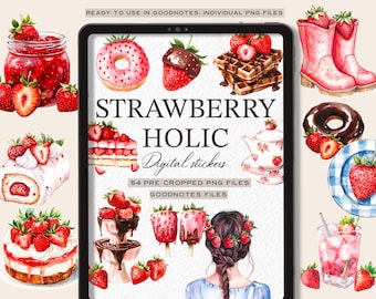Strawberry Doodle Digital Planner Stickers: Goodnotes, Notability PNGs