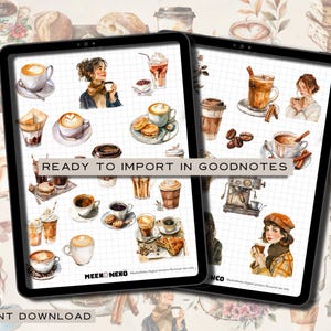 Puede incluir: Pegatinas digitales para planificador con tazas de caf&eacute;, granos de caf&eacute; y una cafetera. Las pegatinas est&aacute;n dise&ntilde;adas para usar en la aplicaci&oacute;n Goodnotes. Las pegatinas est&aacute;n en un estilo de acuarela y presentan una variedad de colores, que incluyen marr&oacute;n, beige y blanco.