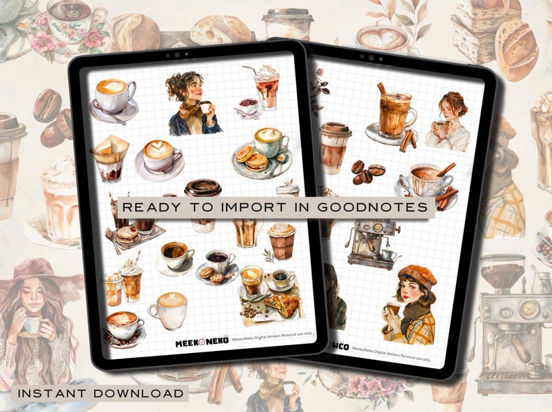 Puede incluir: Pegatinas digitales para planificador con tazas de caf&eacute;, granos de caf&eacute; y una cafetera. Las pegatinas est&aacute;n dise&ntilde;adas para usar en la aplicaci&oacute;n Goodnotes. Las pegatinas est&aacute;n en un estilo de acuarela y presentan una variedad de colores, que incluyen marr&oacute;n, beige y blanco.