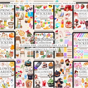 Puede incluir: Una colecci&oacute;n de pegatinas digitales para Goodnotes, con varios temas como primavera, verano, oto&ntilde;o, notas, flores, Halloween y chica m&aacute;gica. Las pegatinas est&aacute;n precortadas y listas para usar en Goodnotes.
