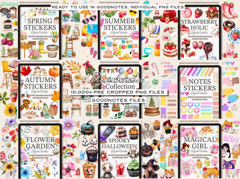 Puede incluir: Una colecci&oacute;n de pegatinas digitales para Goodnotes, con varios temas como primavera, verano, oto&ntilde;o, notas, flores, Halloween y chica m&aacute;gica. Las pegatinas est&aacute;n precortadas y listas para usar en Goodnotes.
