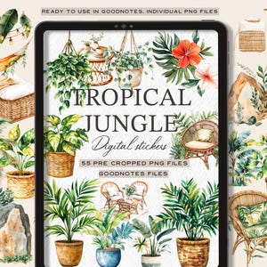 Puede incluir: Un conjunto de pegatinas digitales con ilustraciones de acuarela de plantas tropicales, muebles y decoraci&oacute;n. El conjunto incluye 55 archivos PNG precortados para usar en Goodnotes.