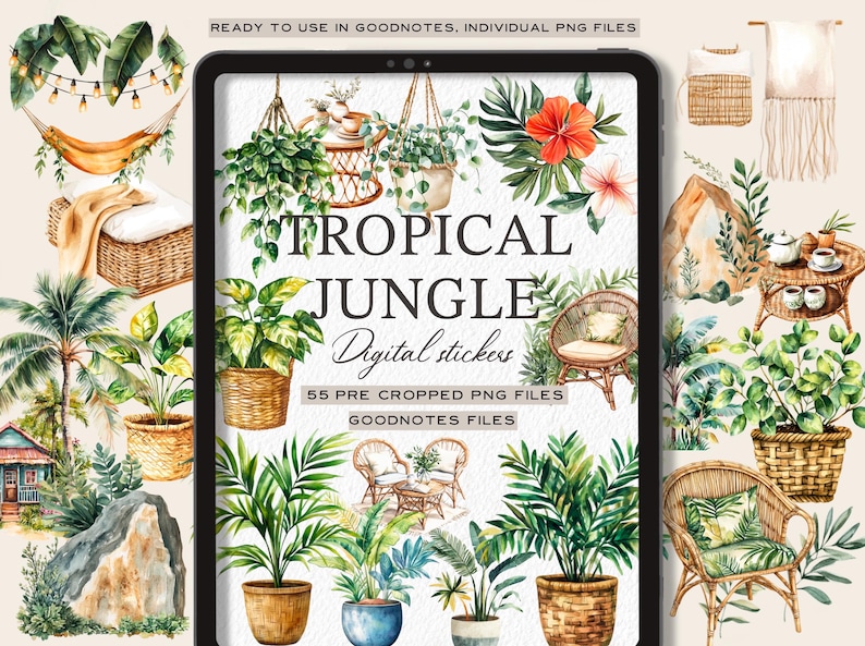 Puede incluir: Un conjunto de pegatinas digitales con ilustraciones de acuarela de plantas tropicales, muebles y decoraci&oacute;n. El conjunto incluye 55 archivos PNG precortados para usar en Goodnotes.