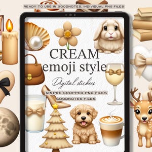 Könnte beinhalten: Digitale Sticker im cremefarbenen Emoji-Stil mit verschiedenen Illustrationen, darunter eine Parfümflasche, eine Kerze, Hausschuhe, ein Herz, eine Muschel, eine Handtasche, ein High Heel, ein Hase, ein Weinglas, ein Welpe, Kaffee, ein Reh und Pfannkuchen. Der Text lautet "CREAM emoji style Digital stickers".