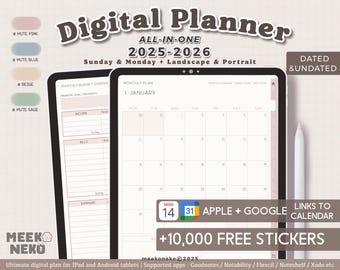 2025,2026 Digital Planner PORTRAIT, LANDSCAPE Digital Plan, Simple GoodNote Planner, Daily time Planner, Weekly Plan, Apple calendar linked