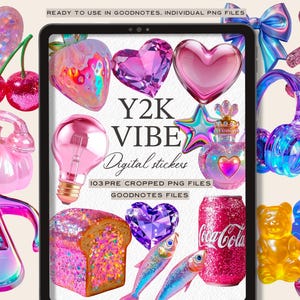 May include: A collection of Y2K-themed digital stickers, including hearts, a telephone, a lightbulb, and a Coca-Cola can. The stickers are in various shades of pink, purple, and blue, with glitter and holographic effects. The text "Y2K VIBE Digital stickers" is displayed.