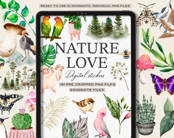 May include: A digital sticker set featuring 161 pre-cropped PNG files of nature-themed illustrations. The set includes images of birds, butterflies, mushrooms, plants, and more. The images are perfect for use in Goodnotes.