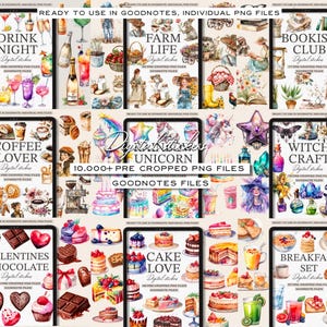 Puede incluir: Un conjunto de pegatinas digitales con m&aacute;s de 10.000 archivos PNG precortados para Goodnotes. El conjunto incluye varios temas, como noche de bebida, vida en la granja, club de lectura, amante del caf&eacute;, unicornio, artesan&iacute;a de brujas, chocolate de San Valent&iacute;n, amor por el pastel y conjunto de desayuno. Las pegatinas est&aacute;n ilustradas en estilo acuarela con colores vibrantes y dise&ntilde;os caprichosos.