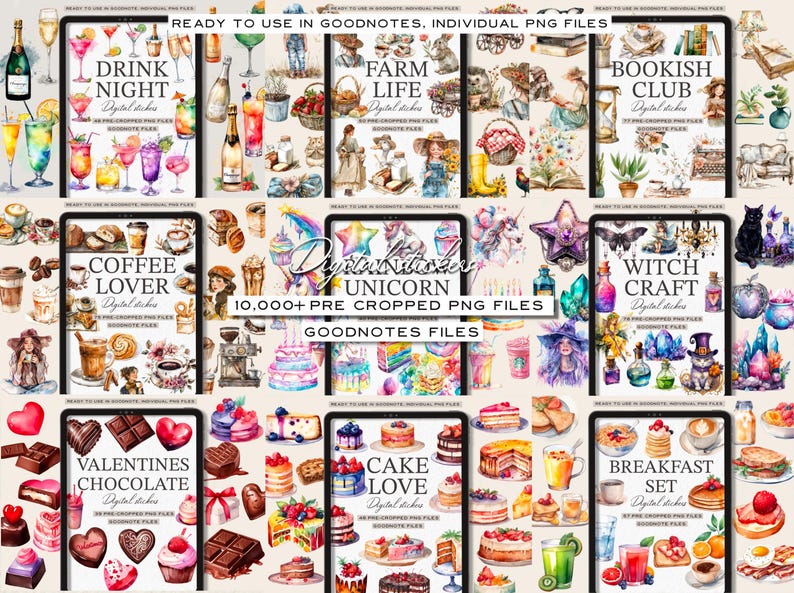 Puede incluir: Un conjunto de pegatinas digitales con m&aacute;s de 10.000 archivos PNG precortados para Goodnotes. El conjunto incluye varios temas, como noche de bebida, vida en la granja, club de lectura, amante del caf&eacute;, unicornio, artesan&iacute;a de brujas, chocolate de San Valent&iacute;n, amor por el pastel y conjunto de desayuno. Las pegatinas est&aacute;n ilustradas en estilo acuarela con colores vibrantes y dise&ntilde;os caprichosos.
