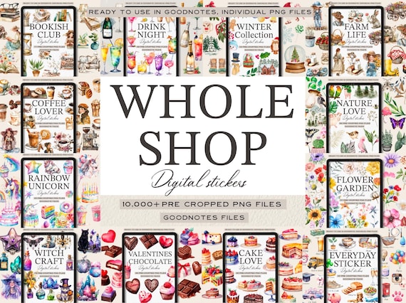Whole Shop Digital Stickers, Goodnotes Pre-Cropped, Notability Scrapbooking Embellishments, Everyday PNGs, Shop Bundle Pass
