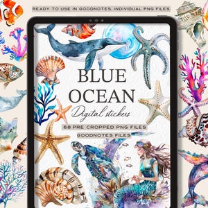 May include: A digital sticker set featuring watercolour illustrations of ocean life, including a whale, starfish, coral, seashells, a mermaid, and a turtle. The set includes 68 pre-cropped PNG files for use in Goodnotes.