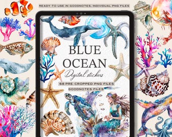Blue Ocean doodle Digital Planner Stickers: Sea Theme Goodnotes PNGs