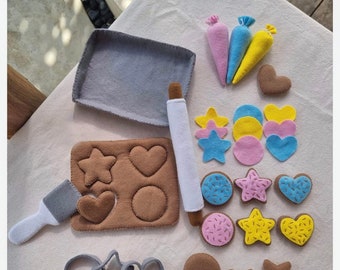 Felt Cookie Baking Food Set, Plush Toys Pretend Play, Montessori, Play Kitchen market toys, rolling pin, cookie cutters, icing bags, tray