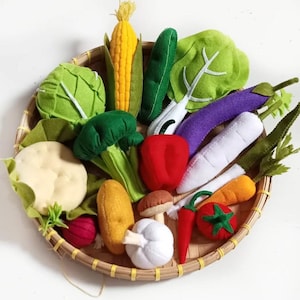May include: A collection of colorful felt vegetables, including corn, cabbage, broccoli, and carrots, arranged in a round woven basket. Other vegetables include a red bell pepper, eggplant, and a tomato. The vegetables are made of felt.