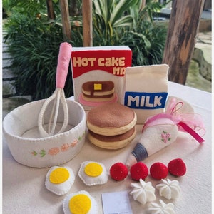 Felt Play Hotcakes Baking Food Set, Quiet Plush Toys for Pretend Play Montessori, Kitchen Market, Pancakes Ingredients tools child kids gift