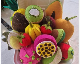 Quiet Felt 17pcs Fruit Basket Food Set, Healthy Kids Child Gift, Peluches, Holistic Montessori adapté Sensory Pretend Kitchen Market Play