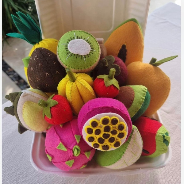 Quiet Felt 17pcs Fruit Basket Food Set, Healthy Kids Child Gift, Plush Toys, Holistic Montessori suited Sensory Pretend Kitchen Market Play