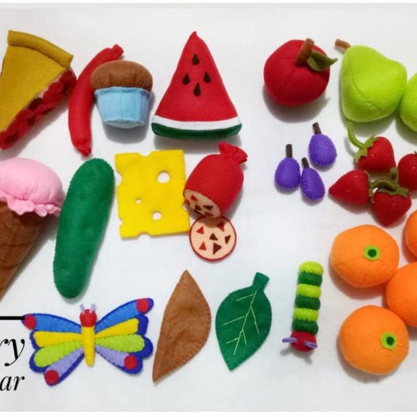 Felt Very Hungry Caterpillar Plush Toy, Sensory Play Set, Felt Cupcake Fruit Pie Cake Cheese Salami Leaves lollipop