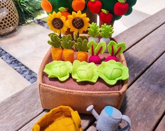 Quiet Felt Fruit & Veggie Patch, Basket, Watering Can, Tree's, Kids child gift, Plush Toys, Montessori Holistic Pretend Kitchen market play