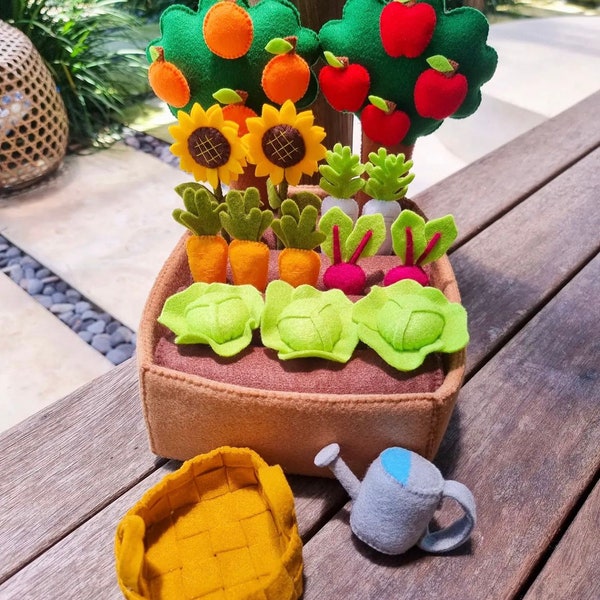 Quiet Felt Fruit & Veggie Patch, Basket, Watering Can, Tree's, Kids child gift, Plush Toys, Montessori Holistic Pretend Kitchen market play