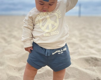 Navy Play Shorts | Cute Kids Strong and Kind Shorts | Organic Cotton Blue Baby Shorts