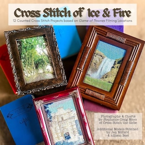 Puede incluir: Una colección de 12 patrones de punto de cruz inspirados en las ubicaciones de rodaje de Game of Thrones. Los patrones se muestran en marcos ornamentados e incluyen una cascada, un castillo y una escena de bosque. El texto "Cross Stitch of Ice & Fire" está en la parte superior de la imagen.