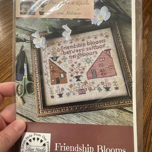 Può includere: Un modello a punto croce intitolato "Friendship Blooms" con due case ed elementi floreali. Il disegno è incorniciato e include il testo "friendship blooms between saltbox neighbours". Il pacchetto è di Silver Needle Stitching Circle.