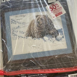 Heavy Going Grizzly Bucilla cross stitch kit includes floss, fabric, and pattern | Vintage Cross Stitch Kit | Open Package but Complete Kit
