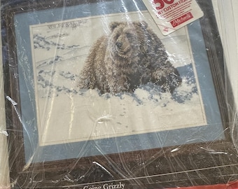Heavy Going Grizzly Bucilla cross stitch kit includes floss, fabric, and pattern | Vintage Cross Stitch Kit | Open Package but Complete Kit