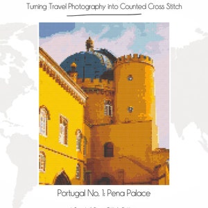 May include: A counted cross stitch pattern of Pena Palace in Portugal. The image shows a yellow building with a blue domed roof and a red tiled roof. The pattern is available for download on the website crossstitchtheglobe.com.
