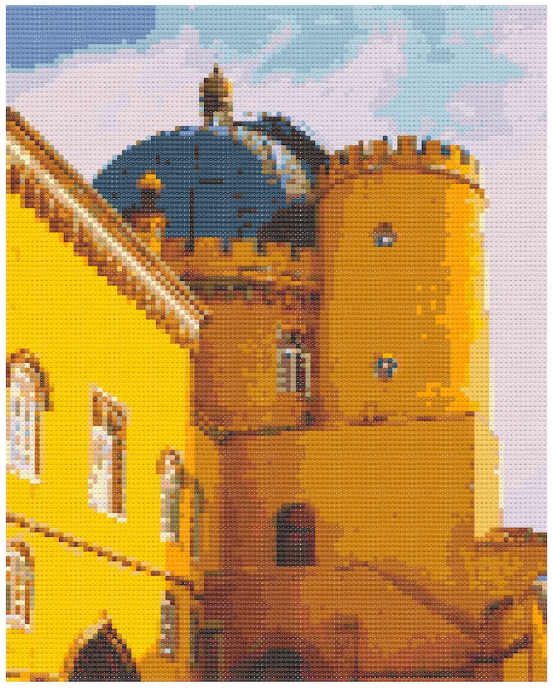 May include: A yellow building with a blue domed roof and a tower. The building has several windows and a doorway. The tower is tall and has a pointed roof.
