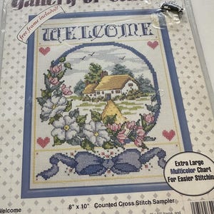 Welcome Bucilla cross stitch kit includes floss, fabric, and pattern | Vintage Cross Stitch Kit | Open Package but Complete Kit