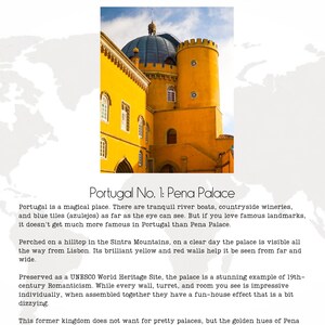 May include: Pena Palace, a bright yellow and red castle perched on a hilltop in Sintra Mountains, Portugal. The palace is a UNESCO World Heritage Site and a stunning example of 19th-century Romanticism.