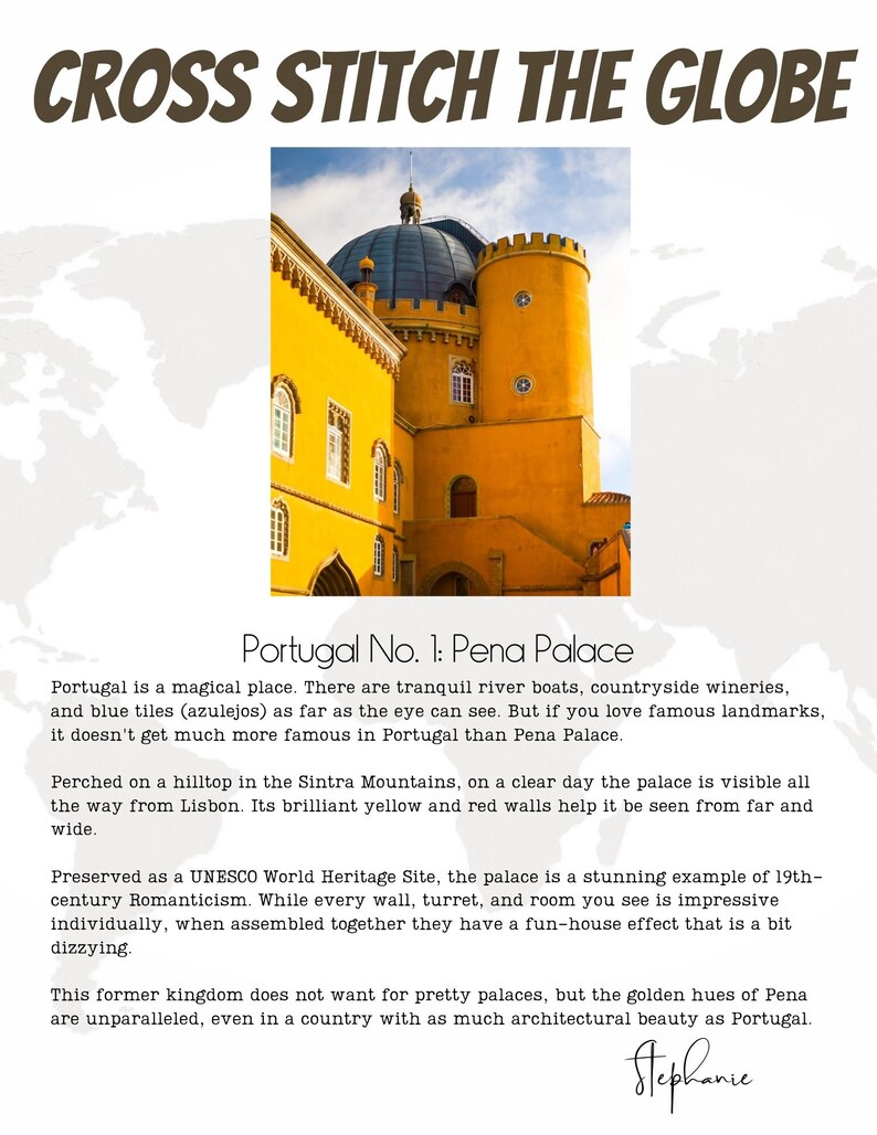 May include: Pena Palace, a bright yellow and red castle perched on a hilltop in Sintra Mountains, Portugal. The palace is a UNESCO World Heritage Site and a stunning example of 19th-century Romanticism.