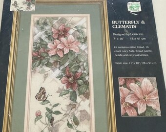 Butterfly and Clematis Cross Stitch Kit by Sunset includes floss, fabric, and pattern | Vintage Cross Stitch Kit | Opened but not Stitched
