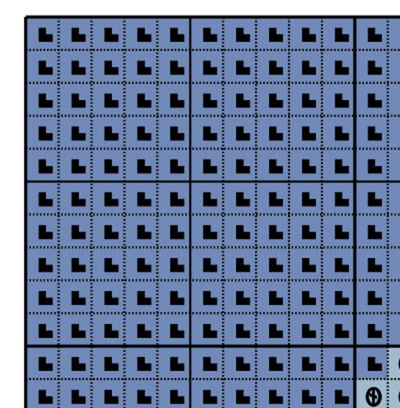 May include: A blue and black grid pattern with a black L shape repeated throughout the grid.