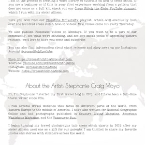 May include: A blog post about cross stitch tutorials and the artist, Stephanie Craig Moyo. The post includes information about the artist's travel blog, her cross stitch designs, and links to her website, YouTube channel, and Etsy shop.