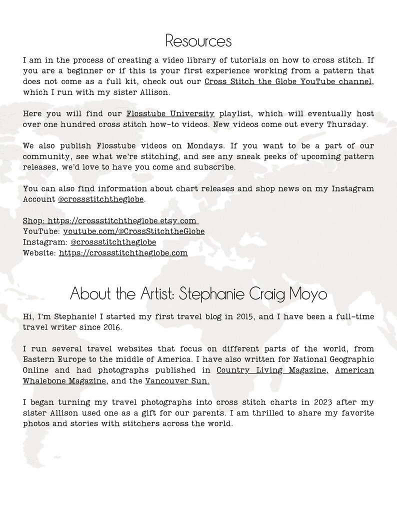 May include: A blog post about cross stitch tutorials and the artist, Stephanie Craig Moyo. The post includes information about the artist's travel blog, her cross stitch designs, and links to her website, YouTube channel, and Etsy shop.