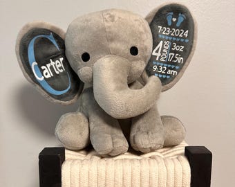 Anúncio de nascimento personalizado, elefante de pelúcia, presente de batismo, presente de bebê, lembrança, urso de memória.