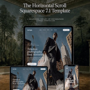 May include: A digital display of a Squarespace 7.1 website template titled The Horizontal Scroll, featuring a photography portfolio layout with the text lightlab, Timeless photography. Real Moments, and a button labeled See The Story.
