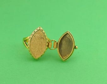 Gold Locket Poison Ring, Secret Compartment Ring, Marquise Shape Hidden Locket Jewelry, Vintage Gold Plated Ring, Memory Keepsake Ring