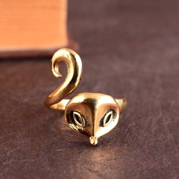 Red Fox Wrap Ring. Adjustable Gold Plated Ring with Fox Face and Tail. Fox Jewelry for Her, Cute Chipmunk, Gift For Her, Minimalist Ring