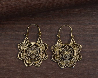 Gold Flower Earrings, Brass Earrings, Lotus Earrings, Hoop Earrings, Hggie Earrings, Birthday Earrings,