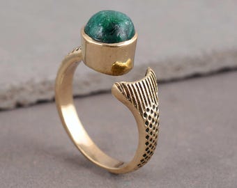 Anillo abierto de piedra verde hecho a mano, ajustable, chapado en oro, estilo bohemio, estilo vintage, con piedras preciosas para mujer.